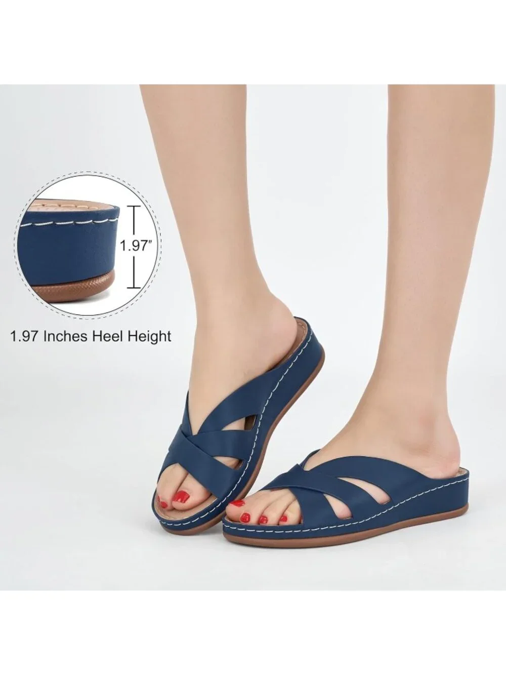 Women's Blue Faux Leather Summer Low Platform Slide Comfortable Walking Sandals